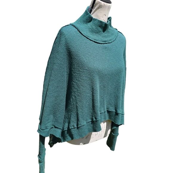Free People -1758 Women's Moon Daisy Turtleneck Poncho Sweater Everglade Large - Picture 4 of 10